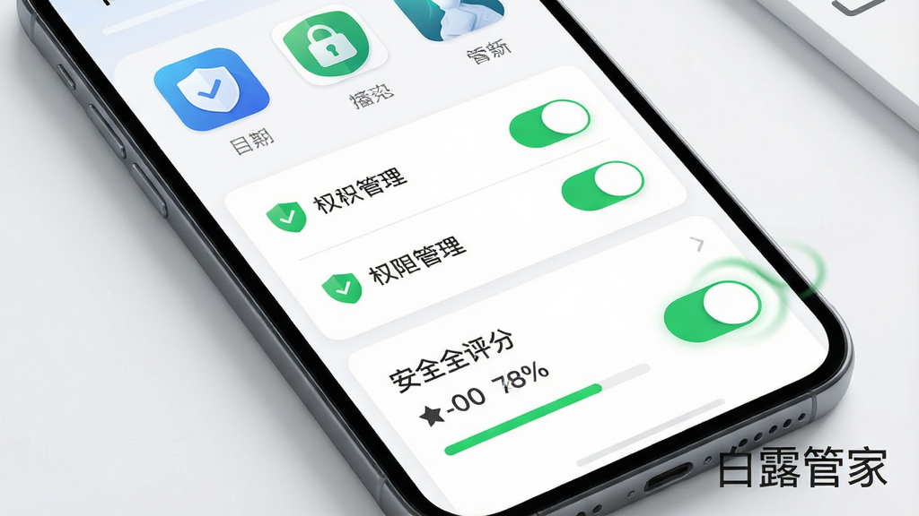 白露管家(最新版)隐私安全防护功能的界面展示,主体为手机屏幕上的权限管理列表,布局采用上下结构,上方为应用图标与权限开关,下方为安全评分,排版整齐清晰,风格为简约商务风,细节包括盾牌图标、绿色安全标识、权限开关的滑动动效,画质高清,画面干净,无多余元素,图片中打文字“白露管家”。