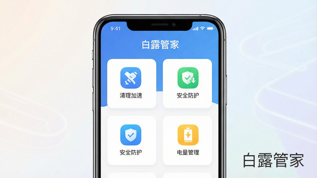 一张展示白露管家(最新版)手机应用界面的预览图,主体为一部现代智能手机,屏幕上清晰显示白露管家APP的主页,包含清理加速、安全防护、电量管理等图标按钮,布局简洁有序,排版采用居中构图,风格为现代科技感UI设计,细节包括手机机身的光泽质感、屏幕内的图标色彩鲜明、背景为柔和的浅色渐变,画质高清,画面干净,无多余元素,图片中打文字“白露管家”。