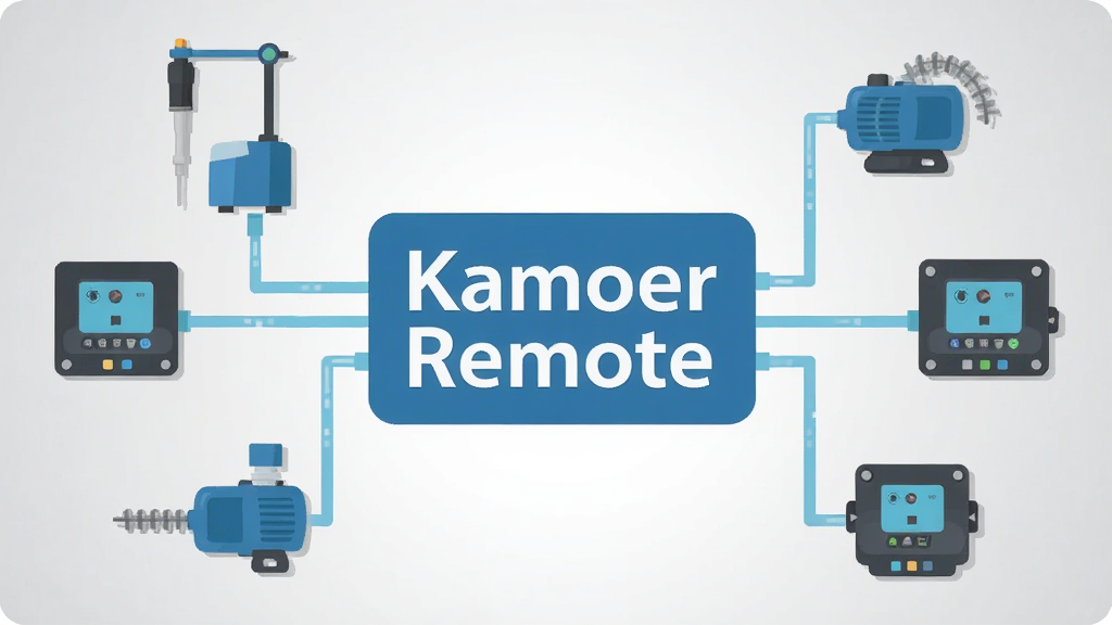 一张扁平化风格的插画,中心是“Kamoer Remote”文字标识,周围环绕着多个智能水族设备图标,包括滴定泵、蠕动泵和控制器,图标之间用淡蓝色数据线连接,背景为浅灰渐变,整体排版居中,干净整洁,高清画质