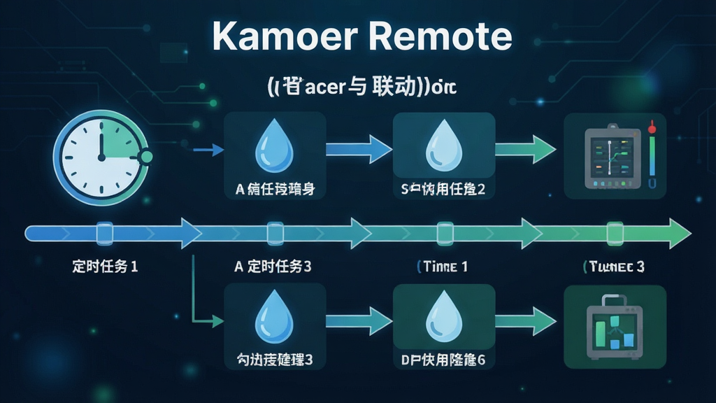 一张信息图表风格的示意图,标题为“Kamoer Remote”,画面用时间轴和流程图的形式展示定时任务与联动逻辑,包含时钟图标、水滴图标和箭头连接线,配色为蓝绿相间,排版清晰,风格现代,无杂乱元素,高清画质
