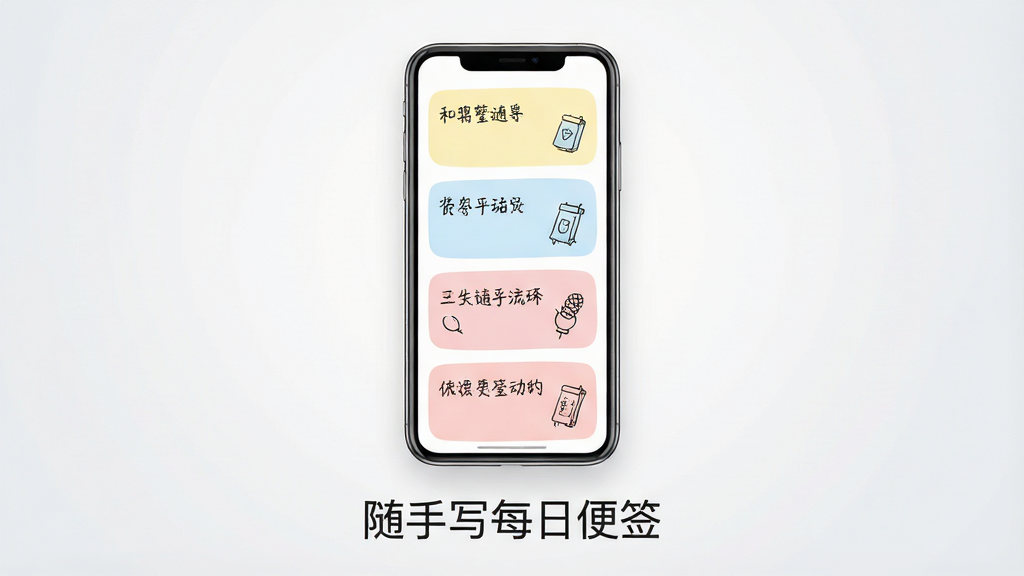 一张展示随手写每日便签软件界面的手机样机图,画面中央是一部竖屏智能手机,屏幕上显示着色彩柔和的便签列表页面,便签卡片以浅黄色、浅蓝色和浅粉色圆角矩形排列,每张卡片上有简短的文字内容和手绘小图标,手机下方有“随手写每日便签”字样,背景是干净的浅灰色渐变,风格清新简约,细节清晰,画质高清,无多余元素