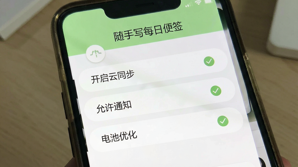 一张展示随手写每日便签新手设置引导页面的手机截图风格图,画面中手机屏幕显示着“开启云同步”“允许通知”“电池优化”三个设置项,每个设置项旁边有对勾标记,界面配色为浅绿色和白色,顶部有“随手写每日便签”标题,风格简洁明快,画质清晰,无多余装饰
