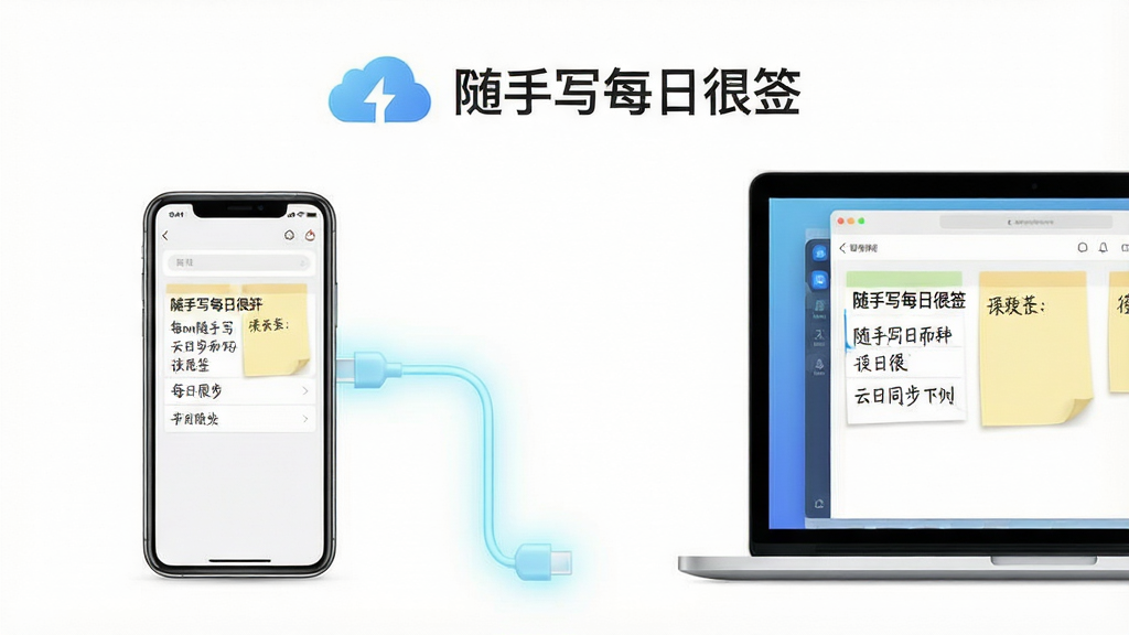 一张展示随手写每日便签云端同步功能的示意图,画面左侧是一部手机,右侧是一台笔记本电脑,两者之间用一条发光的浅蓝色数据线连接,手机屏幕和电脑屏幕上显示着相同的便签内容列表,画面上方有云朵图标和“随手写每日便签”文字,背景是简洁的白色,风格科技感十足,画质高清,干净利落