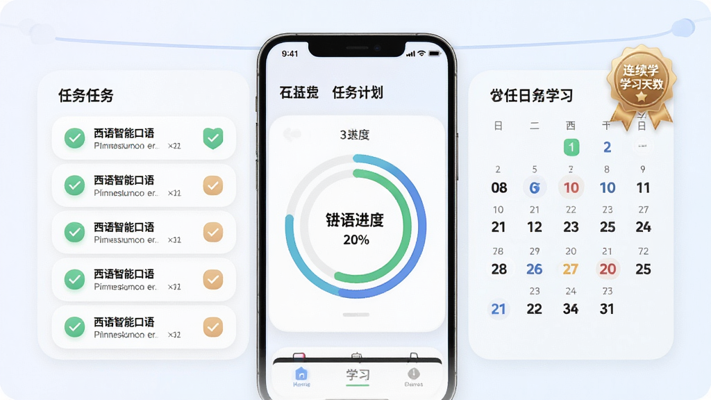 一幅个性化学习计划功能的示意图,主体为手机屏幕展示每日任务列表与进度环形图,布局采用左右分栏,左侧为任务清单右侧为学习日历,风格为柔和圆角卡片风,细节处体现打卡勾选图标与连续学习天数徽章,画质高清干净,画面中标注“西语智能口语”