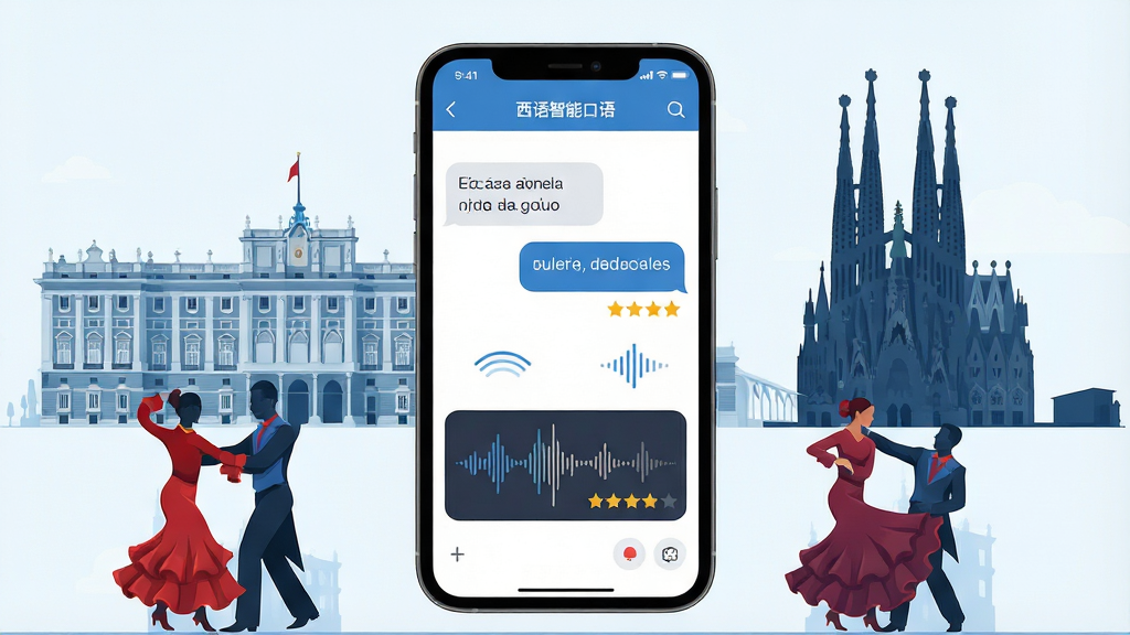 一张展示西语智能口语应用界面的全景效果图,画面中央是智能手机屏幕,屏幕内显示西班牙语对话练习界面与语音波形图,手机周围环绕着马德里皇宫、圣家堂、弗拉门戈舞者等西班牙文化元素剪影,布局采用中心对称构图,排版清晰层次分明,风格为现代扁平化科技插画风,细节处体现语音识别波纹与评分星级图标,画质高清干净无多余元素,画面中文字标注“西语智能口语”