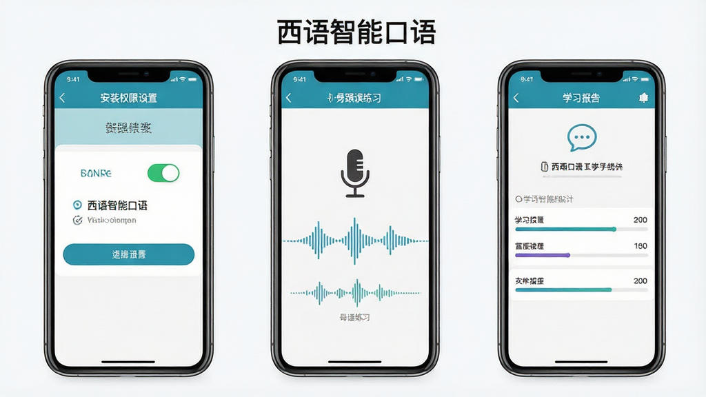 一幅展示西语智能口语移动端操作流程的示意图,主体为三部手机并排展示,从左到右依次为安装权限设置界面、麦克风跟读练习界面、学习报告统计界面,布局采用横向排列,风格为简洁明快的UI展示风,细节处体现权限开关图标、声波波形与进度条,画质高清干净无多余元素,画面中标注“西语智能口语”