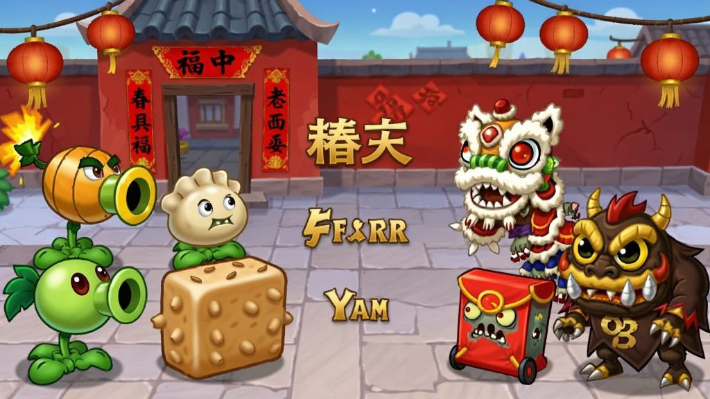 画面为植物大战僵尸春节版游戏内角色展示界面,左侧站立爆竹射手、饺子投手、年糕壁垒三款植物,右侧站立舞狮僵尸、红包僵尸与年兽BOSS,背景为贴有春联的红色城墙与挂满灯笼的庭院,画面中央有金色描边的角色名称标签,整体风格喜庆卡通,画质清晰,干净无多余元素
