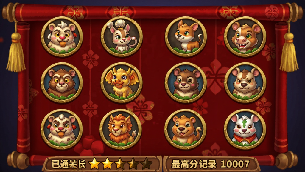 画面为植物大战僵尸春节版关卡选择界面,屏幕上排列十二个圆形关卡图标,每个图标内绘有对应生肖动物与春节元素,背景为深红色卷轴展开样式,卷轴两侧悬挂金色流苏,底部显示已通关星级与最高分记录,整体排版整齐,画质清晰,干净无多余元素