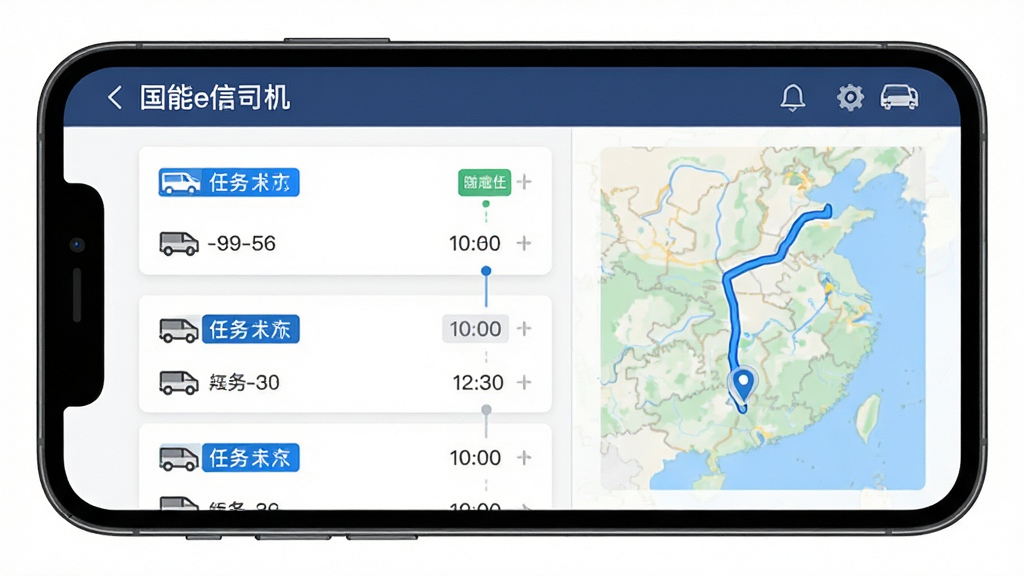 国能e信司机端运输任务管理界面预览图,主体为手机屏幕展示任务列表与地图导航,布局采用左右分栏,左侧任务卡片右侧路线缩略图,排版清晰有序,风格为扁平化商务风,细节包括蓝色任务状态标签、车辆图标、时间轴,画质高清,干净无多余元素