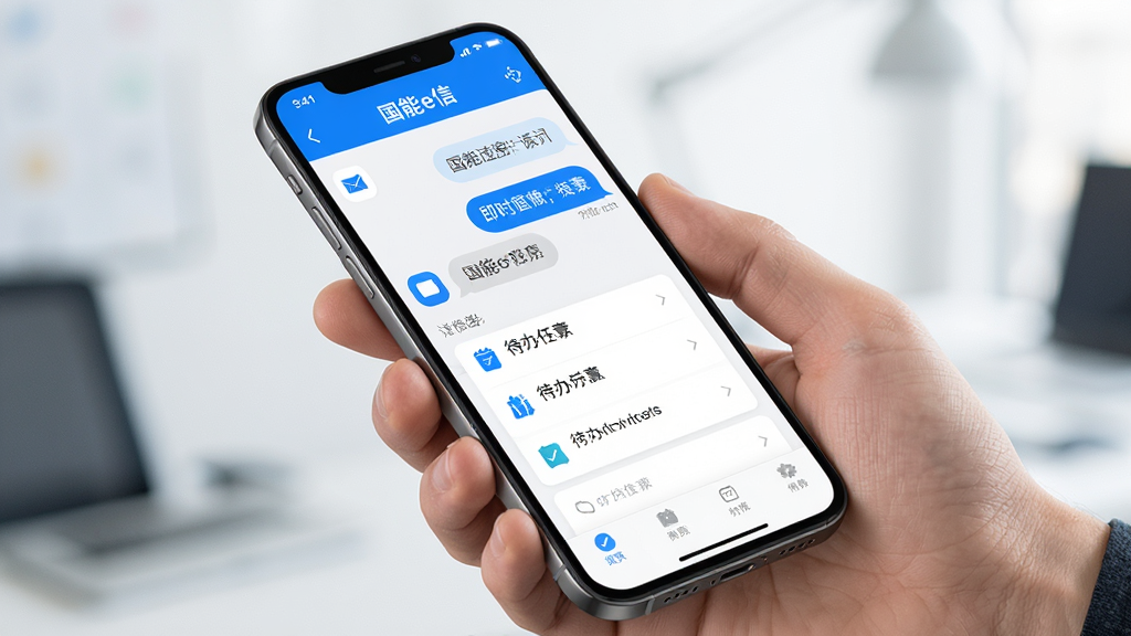 一张展示国能e信移动端主界面的场景图,主体为手持智能手机,屏幕显示即时通讯与任务列表界面,布局采用居中构图,手机略微倾斜展示立体感,排版上屏幕内容清晰可见,风格为现代商务科技风,细节包括蓝色主色调图标、消息气泡、待办事项卡片,画质高清,干净无多余元素