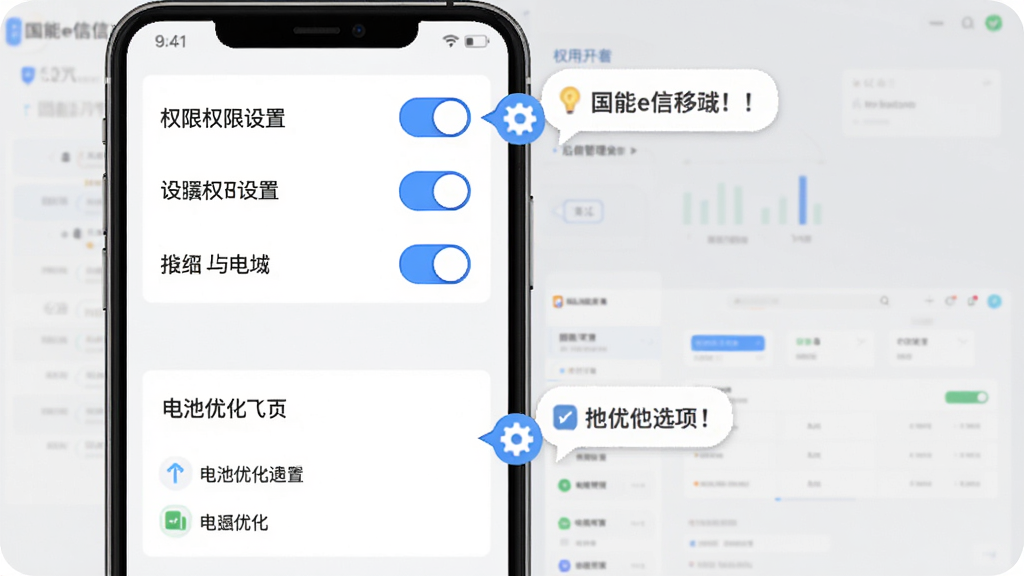 国能e信移动端使用攻略示意图,主体为手机屏幕展示权限设置与后台管理界面,布局采用上下分层,上方权限开关列表下方电池优化选项,排版直观,风格为扁平化教程风,细节包括蓝色高亮开关、齿轮图标、提示气泡,画质高清,干净无多余元素
