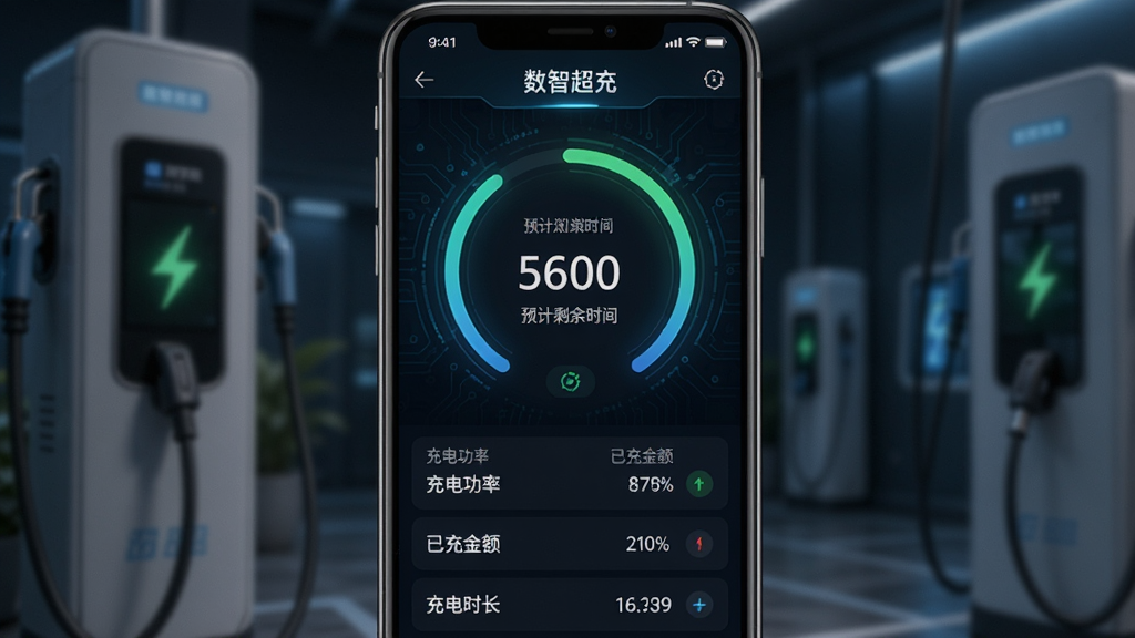 一张数智超充充电监控界面的手机截图风格图片,屏幕中央显示充电进度环,环内标注电量百分比和预计剩余时间,下方列表展示充电功率、已充金额、充电时长等数据,背景为深色科技风,细节清晰,画质干净,图中文字标注“数智超充”