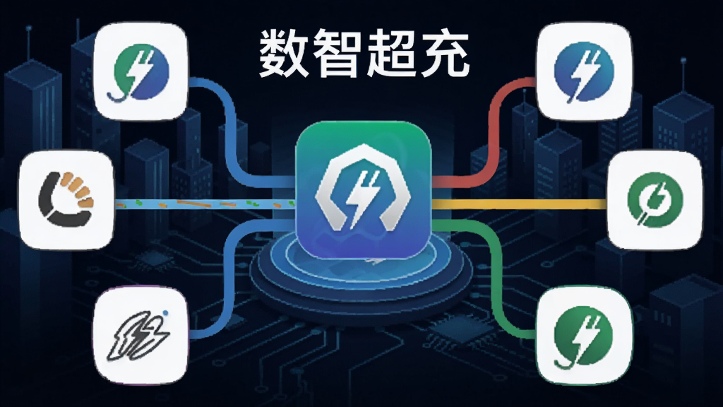 一幅展示数智超充聚合多运营商概念的插画,画面中央是数智超充APP图标,四周延伸出多条彩色线条连接不同充电运营商标志,背景为抽象城市与电路纹理,风格商务科技,细节清晰,画质干净,图中文字标注“数智超充”