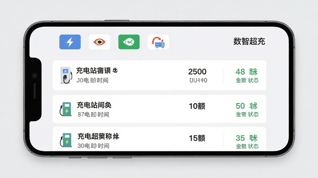 一张展示数智超充支付与订单管理界面的图片,手机屏幕内显示订单列表,每条订单包含充电站名称、充电时间、金额和状态,顶部有支付方式图标,背景为浅灰色简洁风格,细节清晰,画质干净,图中文字标注“数智超充”