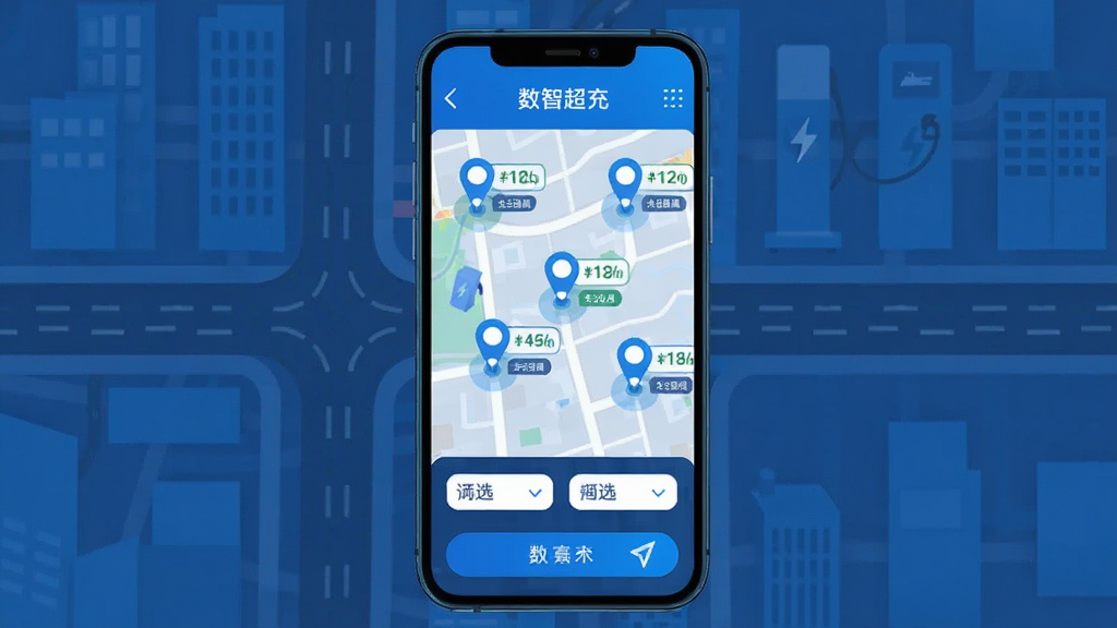 一幅展示数智超充智能找桩功能的界面示意图,画面主体为手机屏幕,屏幕内地图上高亮显示多个充电站标记,每个标记旁有价格和空闲数量标签,下方有筛选按钮和导航按钮,背景为城市道路简图,风格扁平化科技蓝,细节清晰,画质干净,图中文字标注“数智超充”