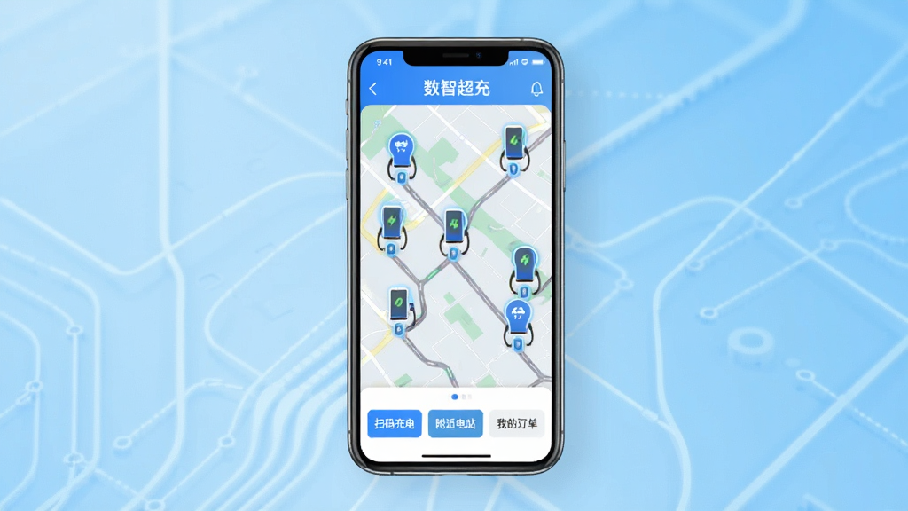 一张展示数智超充APP主界面的手机样机图,画面中央是手机屏幕,屏幕内显示地图上分布着多个充电桩图标,底部有“扫码充电”“附近电站”“我的订单”等按钮,背景为浅蓝色科技感渐变,风格简洁现代,细节清晰,画质干净,无多余元素,图中文字标注“数智超充”
