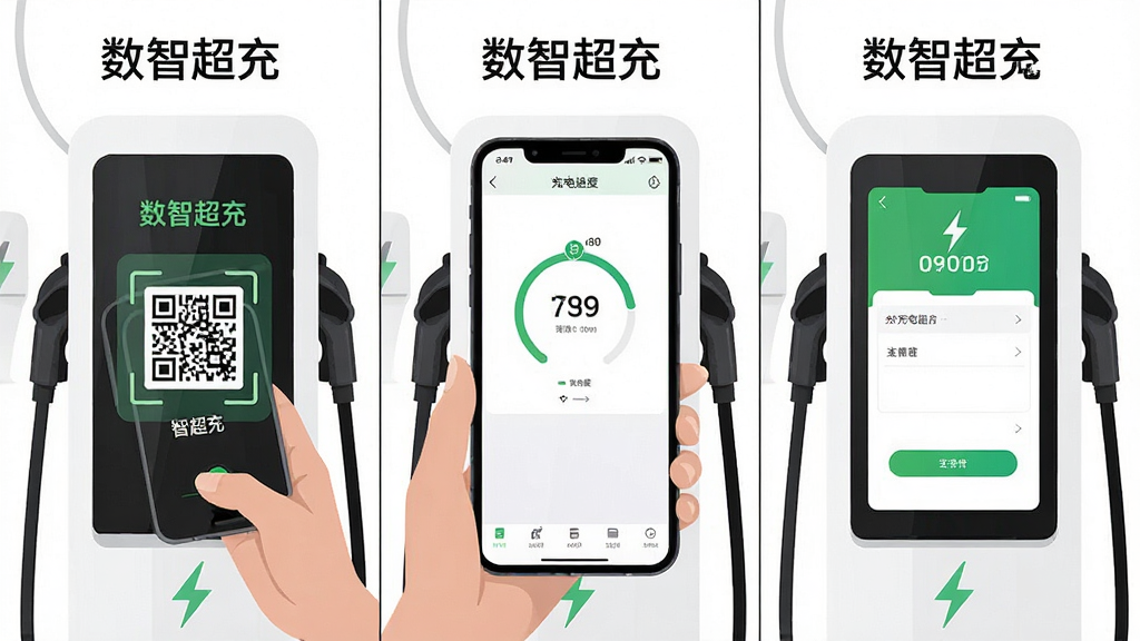 一张数智超充充电操作步骤示意图,画面分为三格,第一格展示手机扫码充电桩二维码,第二格展示APP充电进度界面,第三格展示支付成功页面,背景为简洁白色,风格扁平化,细节清晰,画质干净,图中文字标注“数智超充”