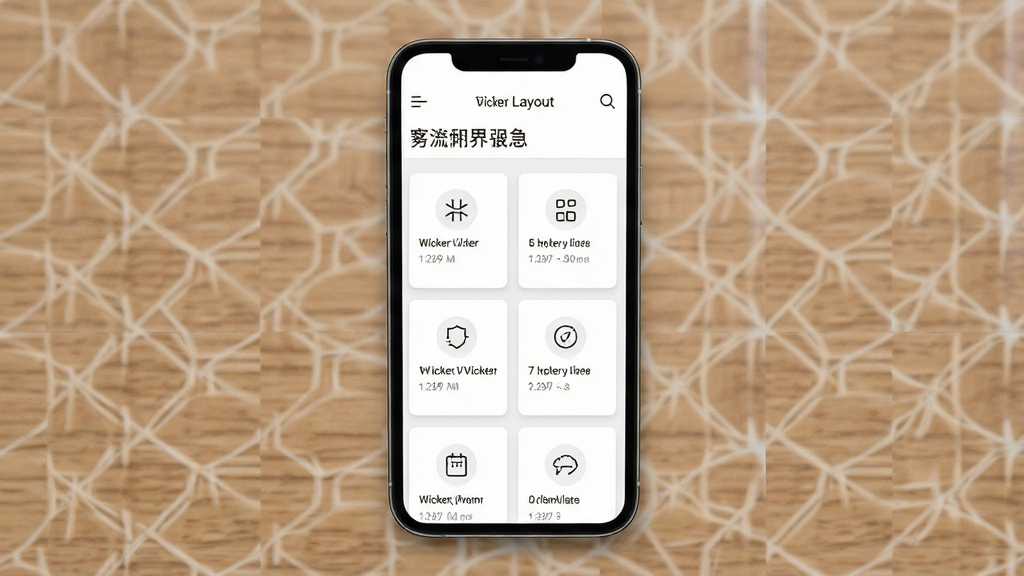 Wicker 界面布局展示图,主体为手机屏幕上的应用界面,布局为上下结构,上方为标题栏,下方为功能卡片,排版整齐,风格为极简素雅,细节包括白色背景和浅灰色分割线,画质清晰,干净,无多余元素