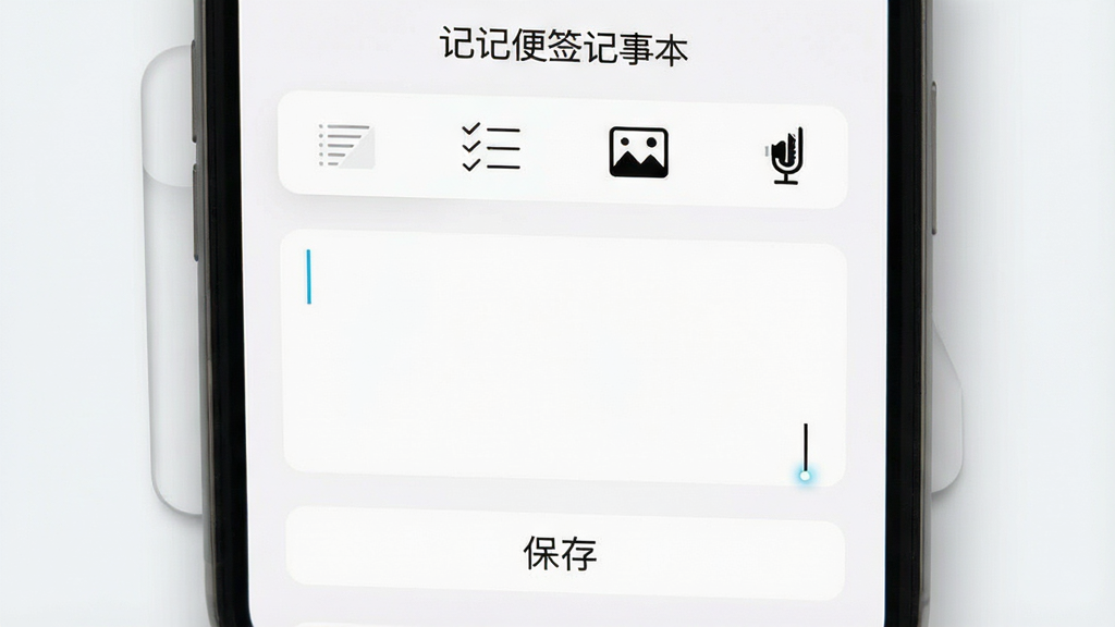 手机屏幕特写,展示“记记便签记事本”新建便签页面,上方有文字、清单、图片、语音四个图标按钮,中间是输入区域,下方有保存按钮,布局为上下结构,风格为简约白色UI,细节包括光标闪烁、图标线条细腻、背景有轻微阴影层次,画质清晰,干净,无多余元素