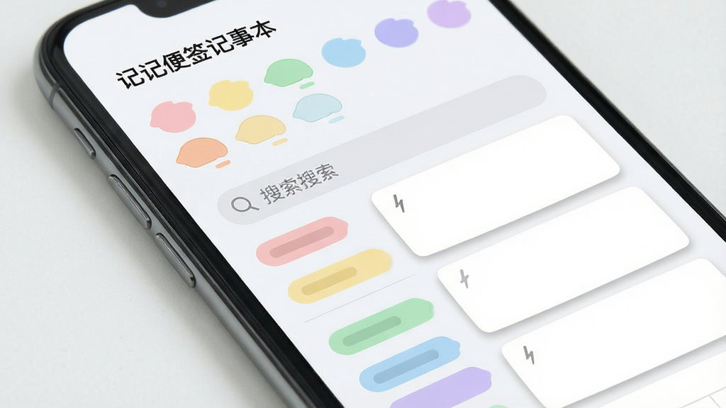 手机界面展示“记记便签记事本”的标签管理页,屏幕上方有彩色标签圆点,下方是带有不同颜色标签的便签列表,布局为列表式,风格为清爽浅色,细节包括标签颜色柔和、搜索框有放大镜图标、便签卡片有轻微投影,画质清晰,干净,无多余元素