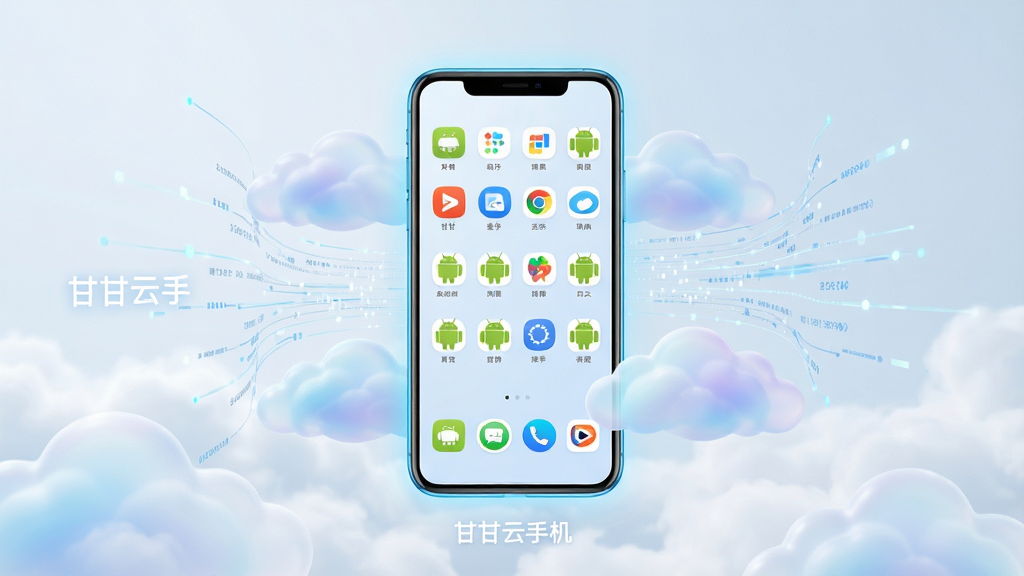 主体是一台悬浮在云端的智能手机,手机屏幕中显示多个安卓应用图标整齐排列,布局采用中心对称构图,手机周围环绕着轻盈的云朵与数据流线条,排版简洁大气,风格为现代科技感与清新简约融合,细节上手机边框带有微弱蓝光,云朵呈现半透明渐变效果,画质为4K超清,干净无多余元素,画面中打上文字“甘甘云手机”