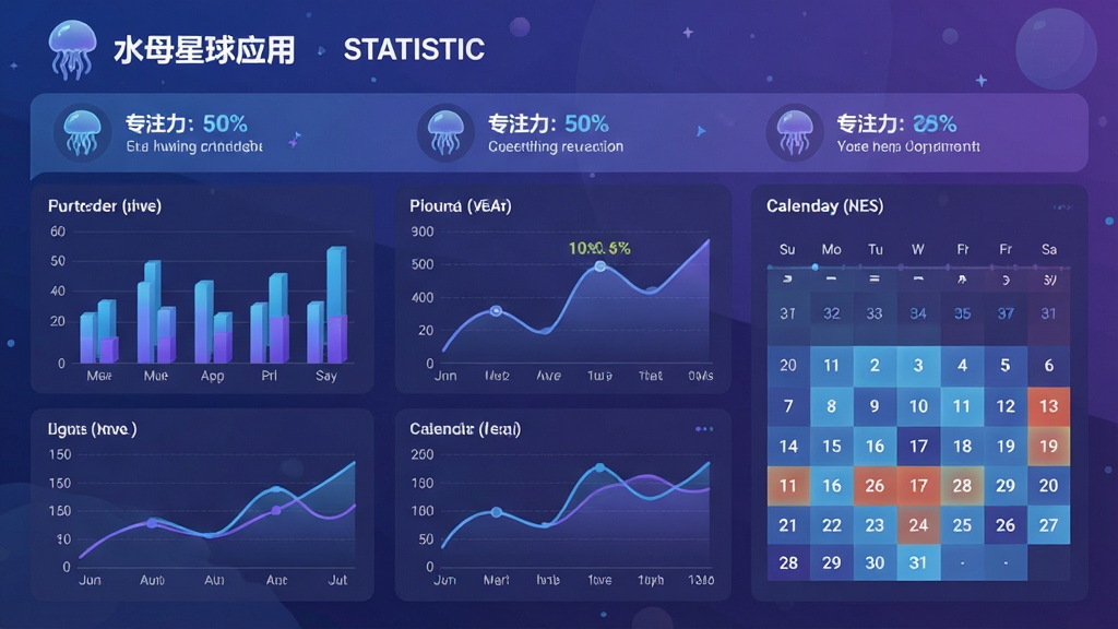 一张信息图表风格的插画,展示水母星球应用的数据统计页面,画面中有柱状图、折线图、日历热力图,配色以蓝紫色为主,布局为上下结构,上方是标题和数据概览,下方是详细图表,风格简洁现代,细节包含水母图标、专注力百分比、时间轴,画质高清,干净,无多余元素