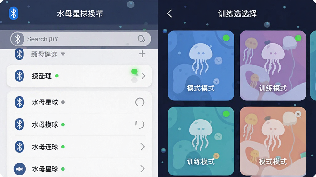 一张手机应用操作示意图,画面展示水母星球应用的设备连接界面和训练选择界面,布局为左右分屏,左侧显示蓝牙搜索列表,右侧显示训练模式卡片,风格为扁平化UI设计,细节包含水母图标、连接状态指示灯、模式名称文字,画质高清,干净,无多余元素
