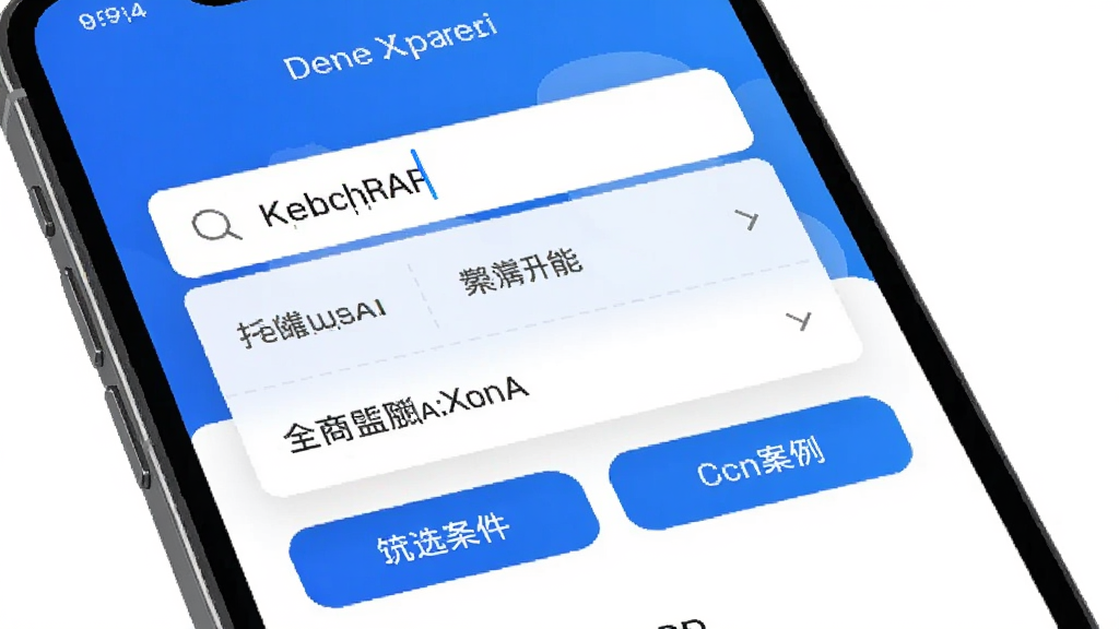 把手案例APP智能检索功能展示图,画面为手机屏幕特写,显示搜索框内输入关键词后弹出的联想词列表,下方有筛选条件按钮,整体风格为现代科技感UI设计,配色以蓝色和白色为主,画面干净整洁,无多余元素