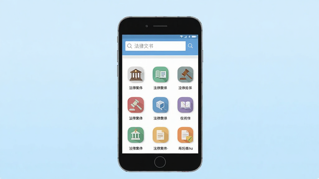 一张展示把手案例APP首页界面的手机截图风格插画,画面中央是一部智能手机,屏幕显示法律文书搜索页面,顶部有搜索框,下方排列着各类法律案件分类图标,背景是简洁的浅蓝色渐变,风格为扁平化UI设计,细节清晰,画质干净,无多余元素