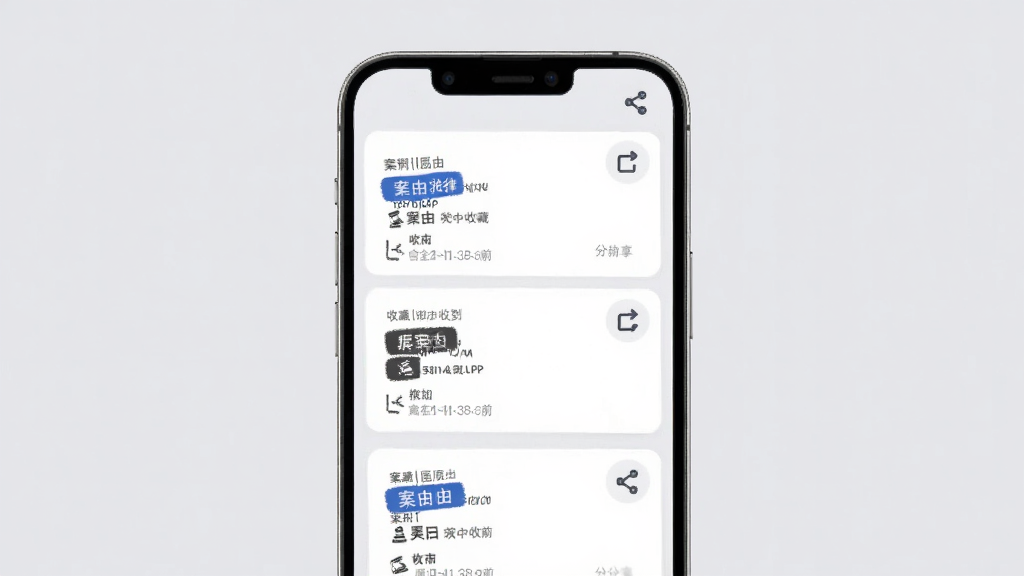 把手案例APP文书收藏与分享功能界面图,画面展示手机屏幕上排列着多份收藏的法律文书卡片,每张卡片有案由标签和收藏时间,右上角有分享图标,背景为柔和的浅灰色,风格为简约商务UI设计,画质清晰,无多余元素