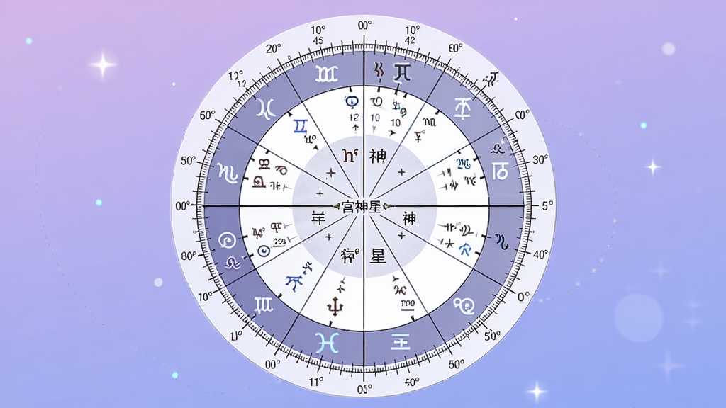 一张精美的个人星盘图展示,画面中心为圆形星盘,内部清晰标注十二星座符号与行星落点,星盘外围有度数刻度,背景为柔和的紫蓝色渐变,风格专业且美观,画质高清,干净整洁,画面中带有