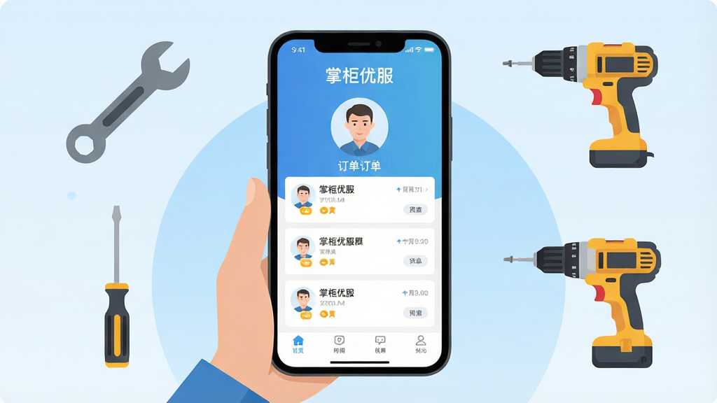 一张展示手机维修师傅使用接单软件的插画,画面中央是一部智能手机,屏幕上显示“掌柜优服”应用界面,界面中有订单列表和师傅头像,手机周围环绕着工具图标如扳手、螺丝刀、电钻,背景是浅蓝色渐变,风格简洁扁平化,细节清晰,画质干净,无多余元素