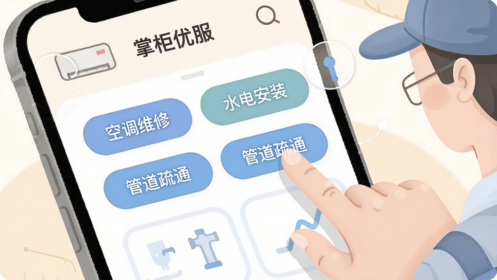 一张信息图表风格的插画,展示“掌柜优服”应用内的技能标签选择界面,画面中有多个圆角矩形标签如“空调维修”“水电安装”“管道疏通”,旁边有师傅的手指正在点击,背景是柔和的米白色,风格清新简约,画质干净,无多余装饰