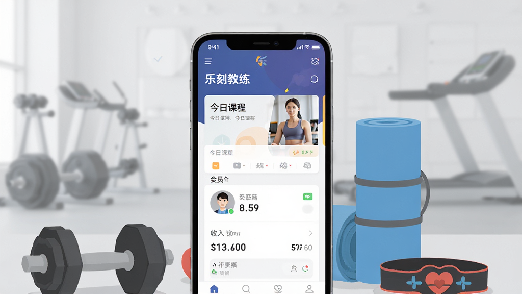 画面中央展示一部智能手机,手机屏幕上显示“乐刻教练”应用主界面,界面包含今日课程卡片、会员头像与收入数据面板,手机两侧环绕哑铃、瑜伽垫、心率带等健身元素,背景为浅灰色健身房场景虚化,整体采用扁平化UI风格,排版居中对称,细节清晰干净,画质高清,无多余文字与杂乱元素