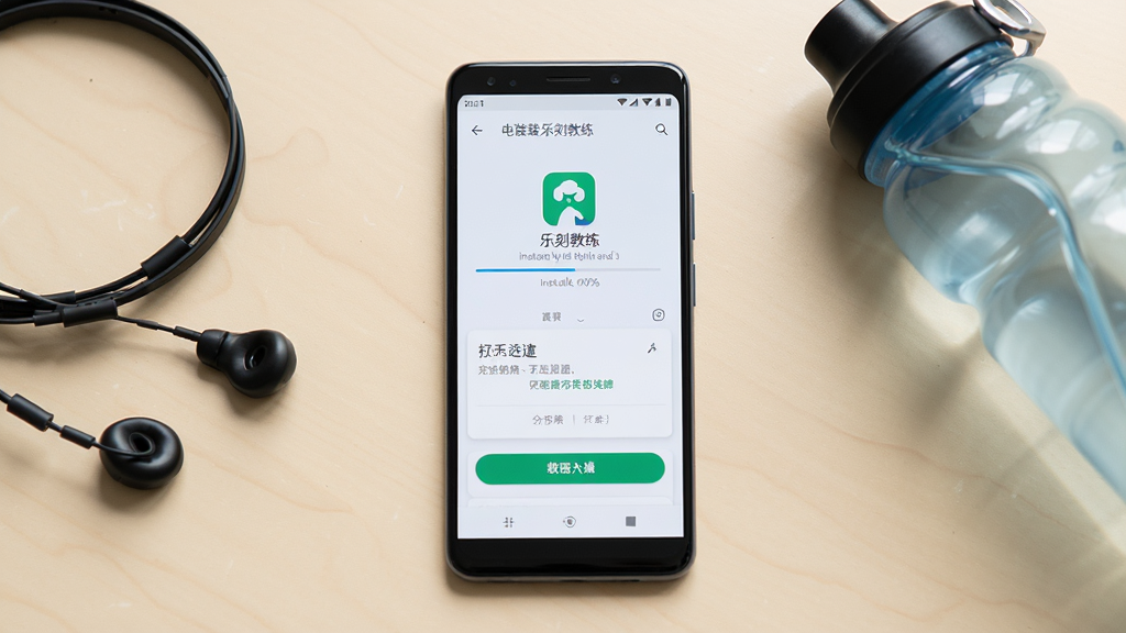 画面展示一部安卓手机正在安装“乐刻教练”应用,屏幕显示安装进度条与权限开启提示,手机旁边有耳机与运动水壶,背景为浅色桌面,风格简洁实用,排版居中,细节清晰表现安装界面与按钮,画质高清,干净无多余元素
