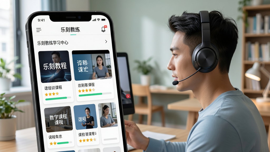 画面展示“乐刻教练”学习中心页面,手机屏幕上排列着培训课程封面与星级进度条,一位教练戴着耳机观看教学视频,背景为安静的自习室,风格励志清新,排版层次分明,细节表现课程卡片与进度标识,画质高清,无杂乱元素