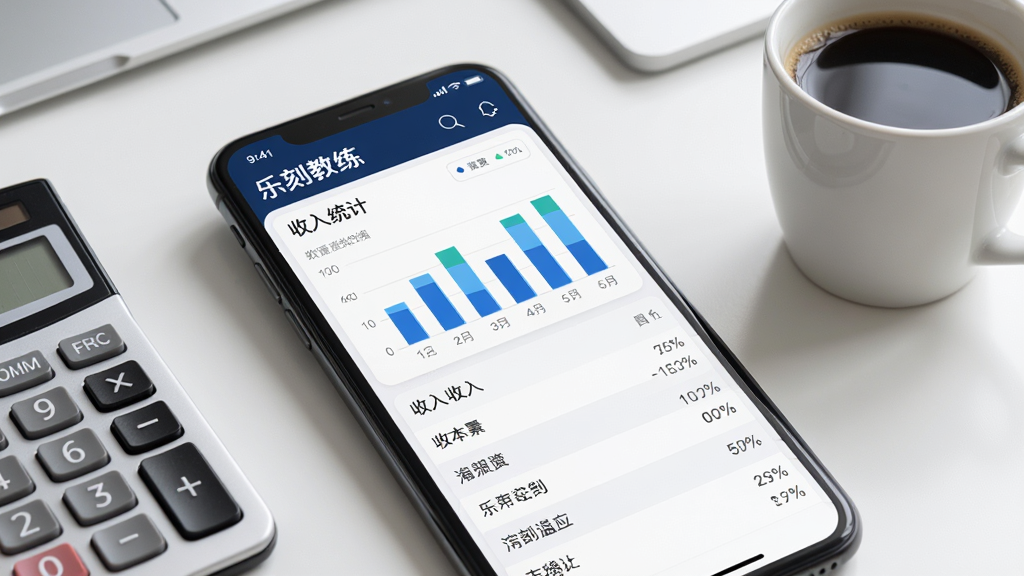 画面为“乐刻教练”收入统计界面特写,手机屏幕上显示柱状图与收入明细列表,旁边有计算器与咖啡杯,背景为简洁办公桌面,风格商务清新,排版规整,细节表现数据可视化元素,画质高清,干净利落
