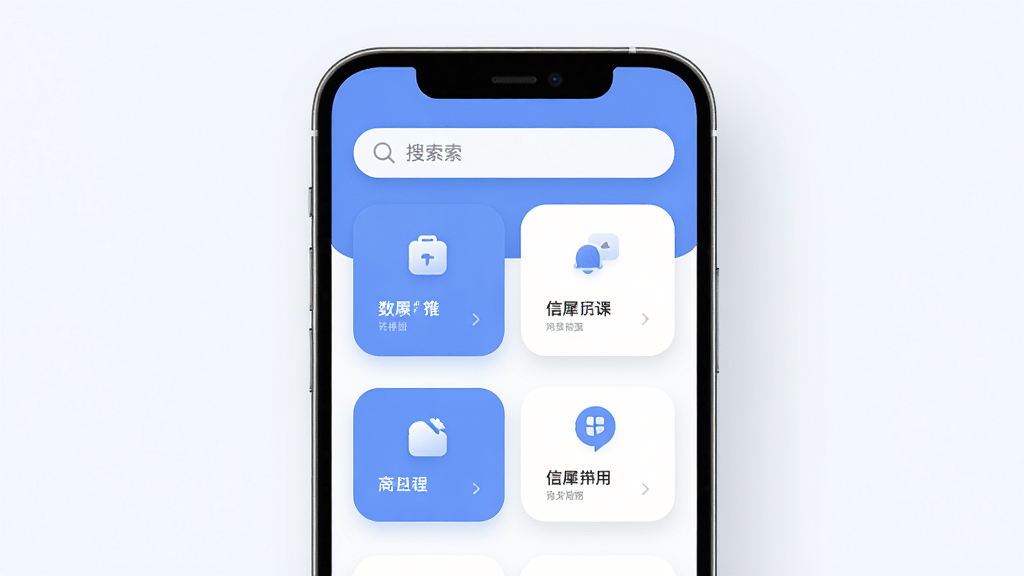 信犀应用主界面展示,主体为一部智能手机屏幕,屏幕内呈现信犀应用首页布局,包含顶部搜索栏和功能卡片,布局简洁清晰,排版为居中展示手机与界面,风格为现代科技感扁平化设计,细节包含柔和的蓝白配色、圆角图标和微阴影,画质高清干净无多余元素