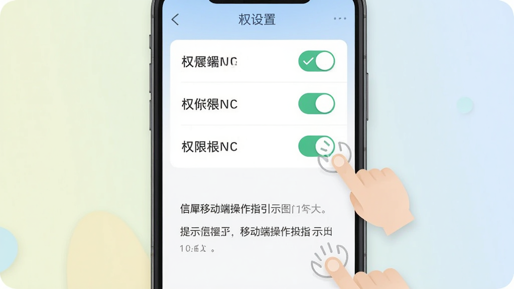 信犀移动端操作指引示意图,主体为手机屏幕展示权限设置界面,布局为上下结构,上方为权限开关列表,下方为提示文字,排版清晰,风格为扁平化教学图解,细节包含手指点击图标、勾选标记和柔和背景色,画质干净无多余元素