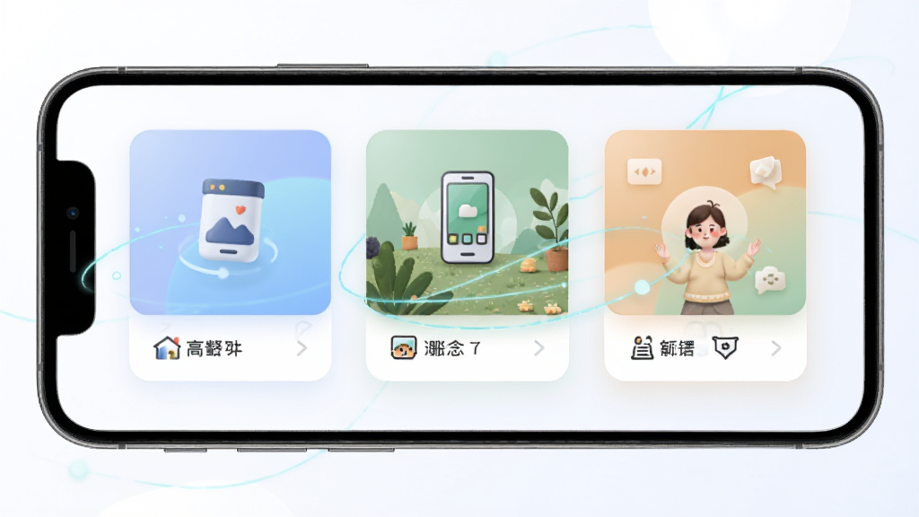 信犀智能场景识别功能示意,主体为手机屏幕中显示不同场景卡片,布局为三张卡片横向排列,排版错落有致,风格为清新简约的UI设计,细节包含场景图标、柔和渐变背景和细微动效线条,画质清晰干净无多余元素