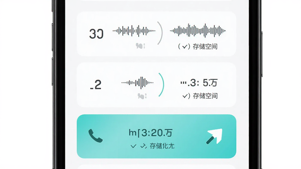 主体是电话录音助手音质设置界面,布局为手机屏幕展示多个音质选项按钮,排版上标准高清超清三档选项纵向排列,风格为简约清爽的卡片式设计,细节包括音质波形对比图标、存储空间提示、当前选中状态高亮,画质高清干净无多余元素