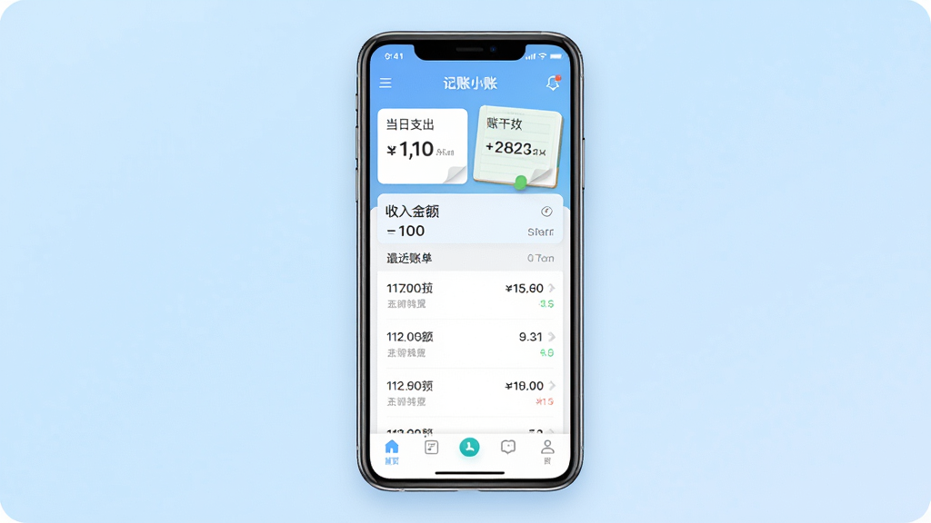 记账小账软件主界面全貌展示,画面中央是一部竖屏智能手机,屏幕上显示记账小账的首页,包含当日支出金额、收入金额、最近三笔账单记录和底部导航栏,背景为浅蓝色渐变,整体风格清新简约,细节上突出账本卡片和数字金额,画质清晰干净,无多余元素
