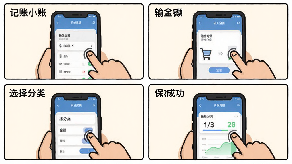 记账小账手机端操作步骤示意图,画面为四格漫画形式展示打开软件、输入金额、选择分类、保存成功的连续操作,每格配有简单文字标注,风格扁平卡通,细节上突出手指点击动作和界面变化,画质干净清晰
