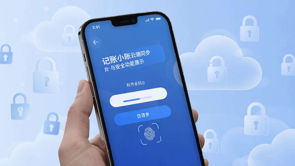 记账小账云端同步与安全功能展示,画面为手机屏幕显示登录界面和指纹识别图标,背景有淡淡的云朵图案和锁形符号,风格科技感与安全感并重,细节上突出加密标识和简洁布局,画质干净清晰