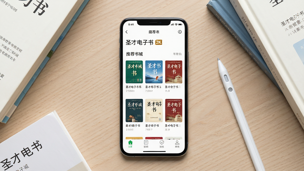 圣才电子书软件主界面全貌展示,主体是一台智能手机竖屏放置在浅色木质桌面上,屏幕中显示圣才电子书首页推荐书城与我的书架布局,周围散落几本纸质书籍和一支触控笔,布局居中对称,排版清晰直观,风格为现代简约教育科技风,细节包括屏幕内清晰可见“圣才电子书”文字标识、书籍封面缩略图、底部导航栏图标,画质为高清2K,画面干净整洁,无多余装饰元素