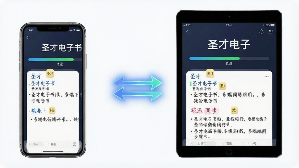 圣才电子书离线下载与多端同步功能示意图,主体为一部手机和一台平板电脑并排展示,两者屏幕上都显示相同的学习进度条和笔记内容,中间用双向箭头连接表示同步,布局为左右对称,排版平稳,风格为清爽科技风,细节包括手机和平板边框圆润、屏幕内“圣才电子书”文字清晰、同步箭头带发光效果,画质高清,背景干净,无多余装饰