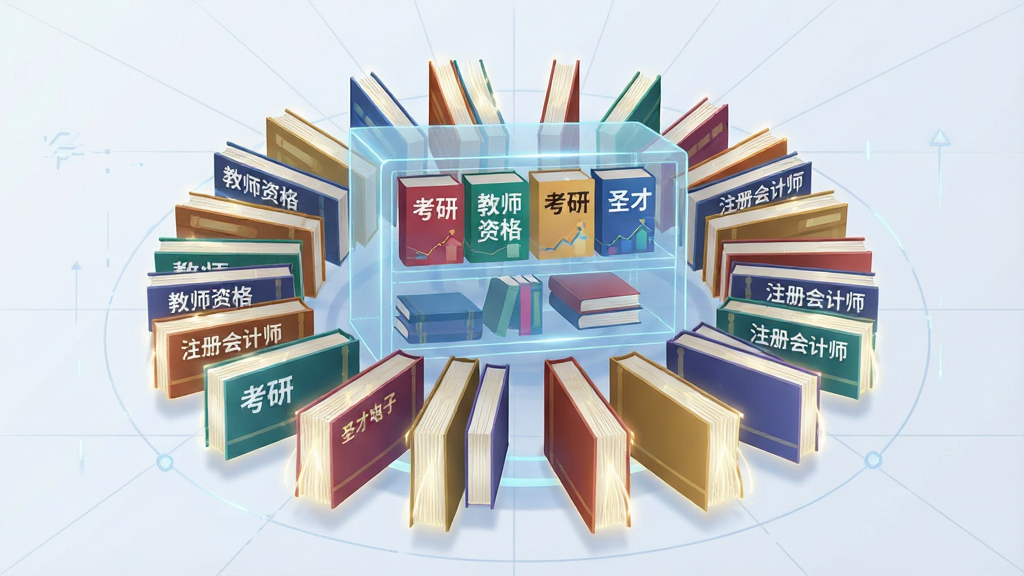 圣才电子书海量考试资源库功能展示,主体为一个悬浮在空中的半透明数字书架,书架上整齐排列着各类考试书籍封面,书脊上标注“考研”“教师资格”“注册会计师”等文字,布局为书架居中发散排列,排版呈现放射状层次,风格为科技感与学术感结合的插画风,细节包括书籍封面色彩丰富、书页边缘有微光效果、背景有淡淡的网格线,画质高清,画面干净,无多余元素