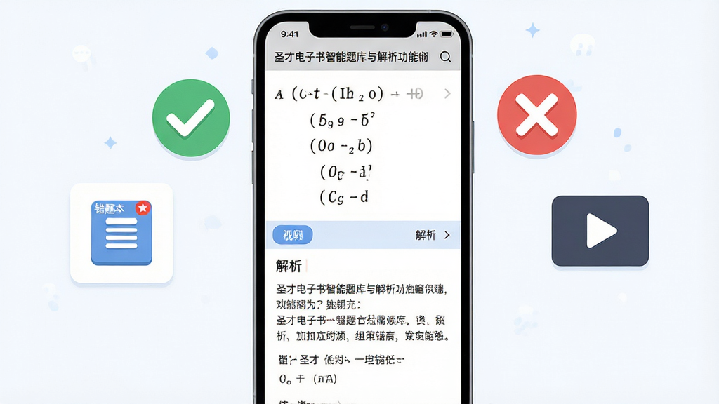圣才电子书智能题库与解析功能界面,主体为手机屏幕显示一道选择题和下方展开的解析区域,屏幕旁边漂浮着对勾和叉号图标,布局为手机居中,左侧漂浮错题本图标,右侧漂浮视频播放按钮,排版简洁有序,风格为扁平化教育APP插画风,细节包括解析文字清晰、错题本图标带红色标记、视频按钮有播放三角符号,画质高清,画面干净,无杂乱元素