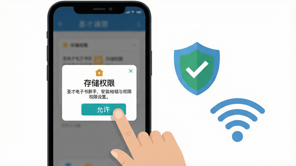 圣才电子书新手安装与权限设置示意插画,主体为一部手机显示权限请求弹窗,旁边有手指点击“允许”按钮的动作,布局为手机居中偏左,右侧有盾牌和Wi-Fi图标,排版直观,风格为扁平化教程插画风,细节包括弹窗中“存储权限”文字清晰、盾牌带对勾、Wi-Fi图标有信号波纹,画质高清,画面干净,无多余元素
