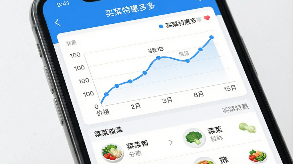 一张买菜特惠多多价格趋势对比功能的界面图,画面为手机屏幕特写,屏幕内显示折线图和菜品列表,布局为上下结构,排版整齐,风格为清爽数据可视化风,配色以蓝色和白色为主,细节包括价格坐标轴、数据点和菜品图标,画质高清,画面干净,无多余元素,屏幕中显示文字“买菜特惠多多”。